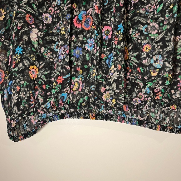Megan Park Black Floral Silk Blouse Short Sleeves Tie Neck size 2 Top 80s Boho - Picture 6 of 7